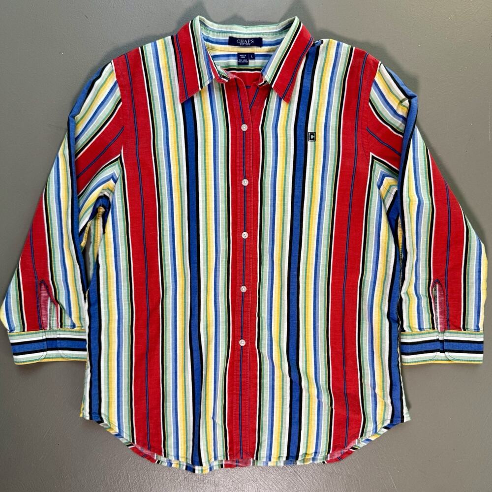 Chaps Linen/Cotton Button Shirt LARGE Coastal Vacation Stripe Colorful